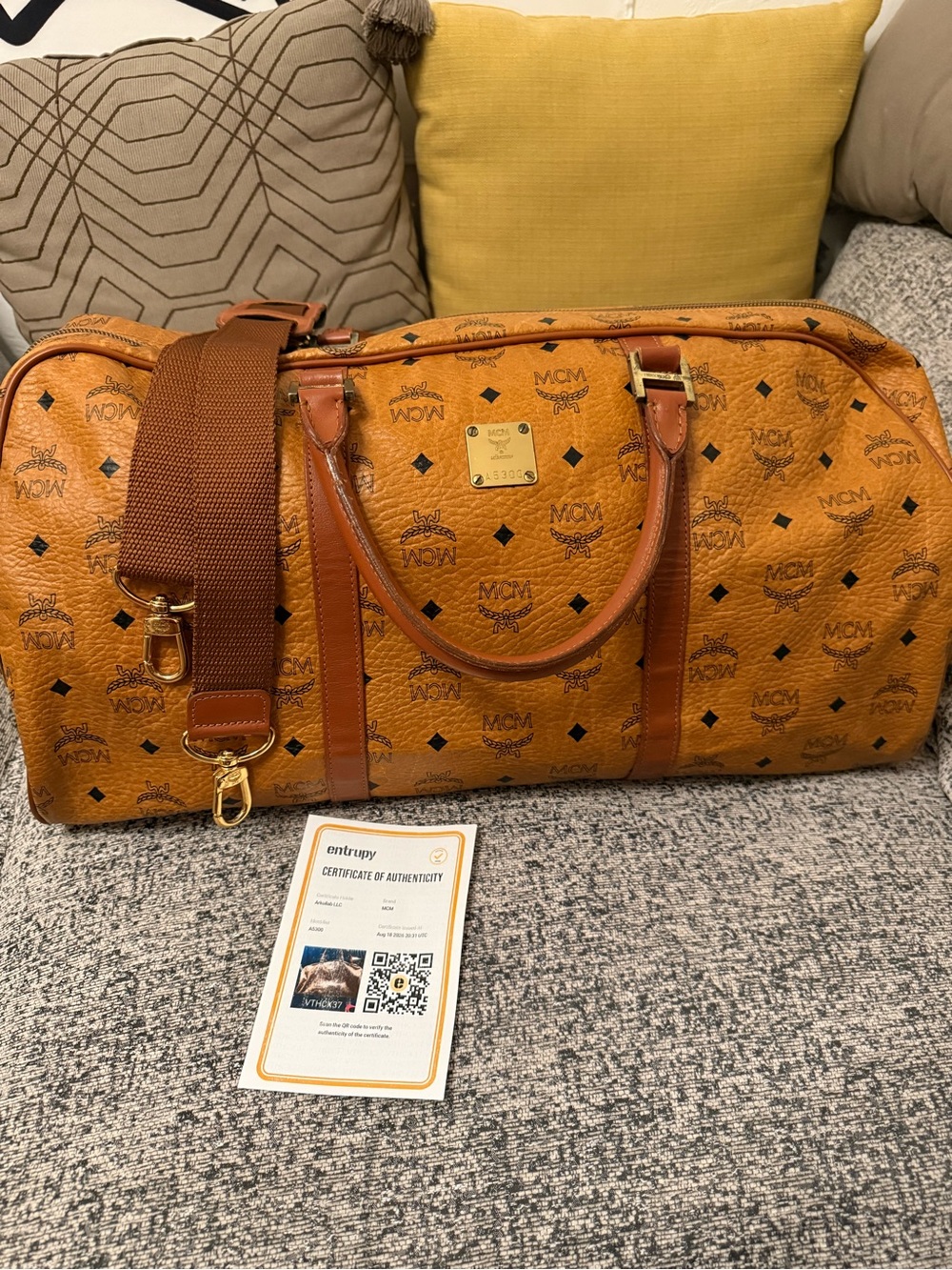 MCM Cognac Visetos Logo Duffel with Brown Leather Trim